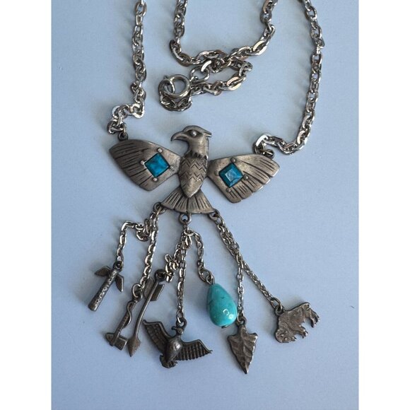 Vintage Park Lane Block Turquoise Tribal Charm Peyote Bird Southwestern Necklace - Picture 1 of 10